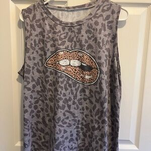 Leopard Print Sleeveless Top with Lip Design
